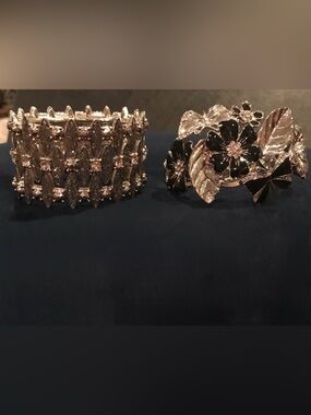 New York & Company—2 Statement Bracelets-Silver Tone Stretch & Black Enamel Cuff
